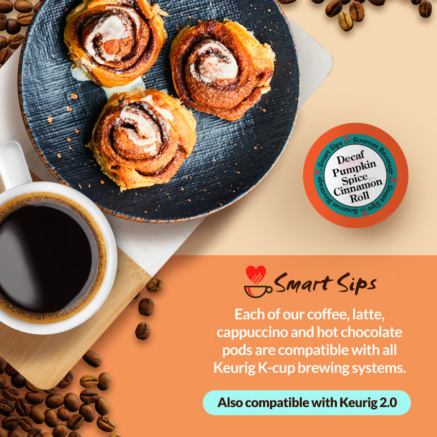 decaf pumpkin spice cinnamon roll flavored coffee for keurig k-cup brewers